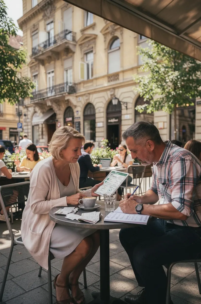 Közös spórolási stratégiákat tárgyaló házaspár írásos jegyzetekkel és kalkulátorral.