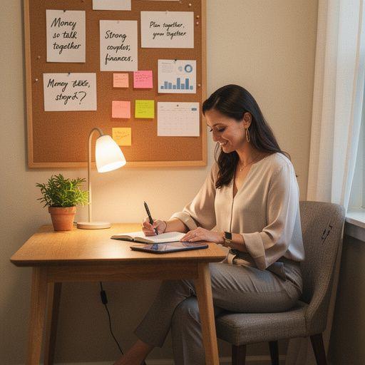 Könyvespolc tele kapcsolat és pénzügyi tanácsokat tartalmazó könyvekkel, amelyek segítik a párokat a közös pénzügyek kezelésében.
