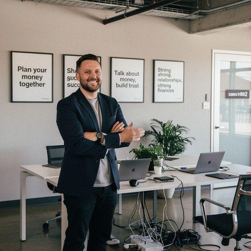 Párok számára készült pénzügyi oktató blog kezdőlapjának illusztrációja, amely világos és érthető útmutatást nyújt a közös pénzügyekhez.